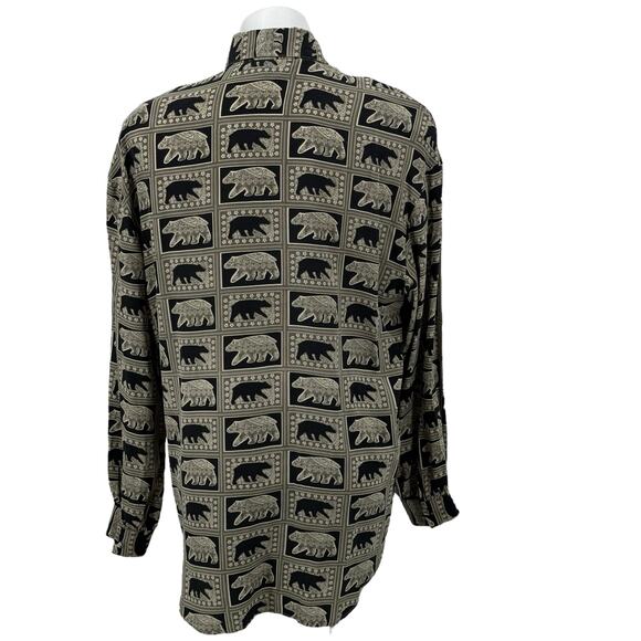 Ishyu VTG Novelty Bear Print Blouse Women's 100% Silk Tops SZ 12 Allover Bold - Picture 2 of 10
